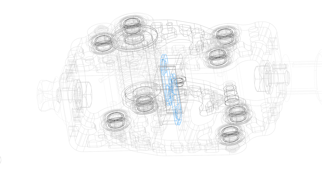 Vista CAD trasparente di un assieme meccanico complesso con elementi circolari, forme cilindriche e contorni sovrapposti dei componenti