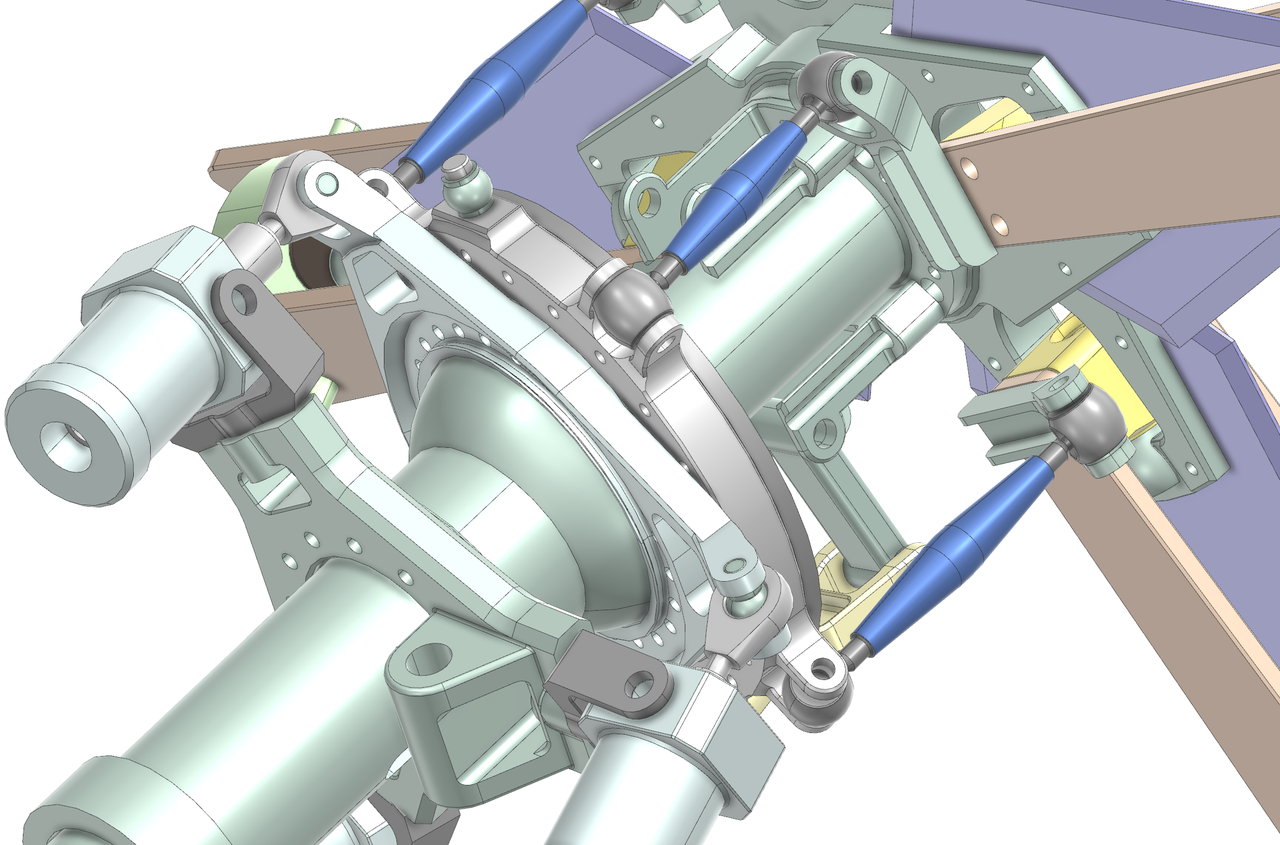 Conjunto CAD detallado con uniones articuladas, tirantes, soportes, orificios de montaje y componentes mecánicos acoplados