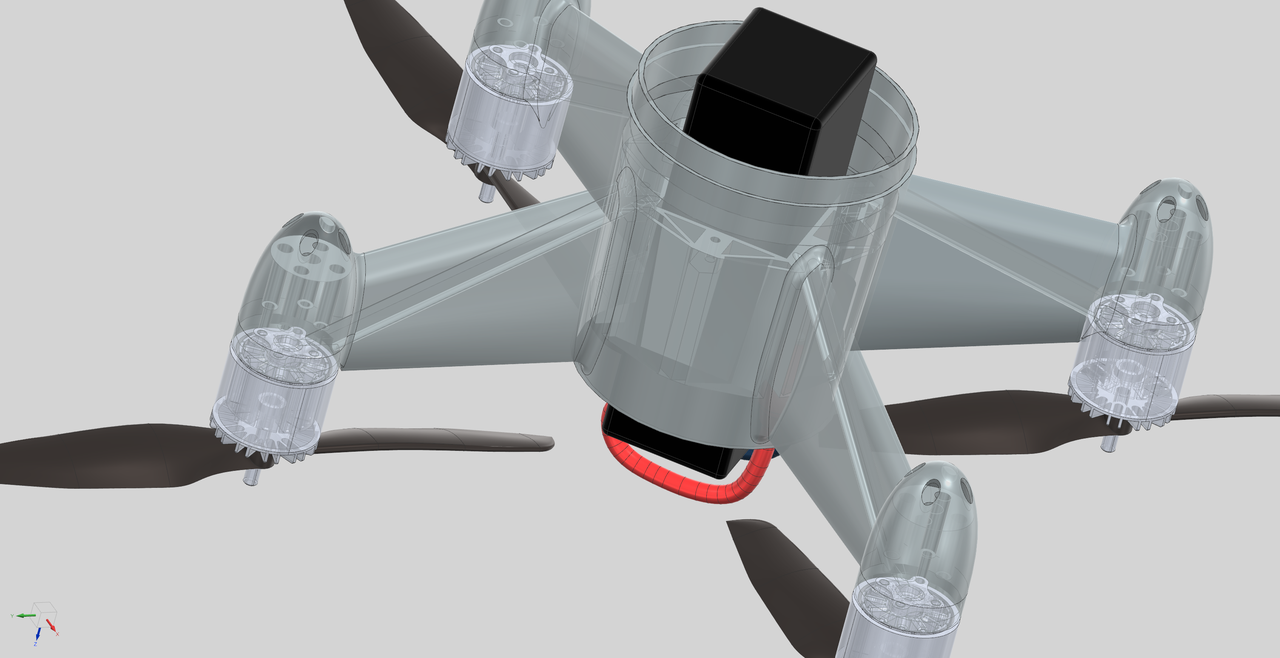 Disposición CAD transparente con cuerpo cilíndrico central, brazos radiales, conjuntos motores, hélices y equipos en el interior