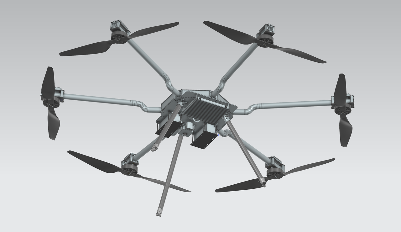 Shaded CAD view from below of a six-arm UAV with propellers, a central plate assembly, mounted components and landing supports
